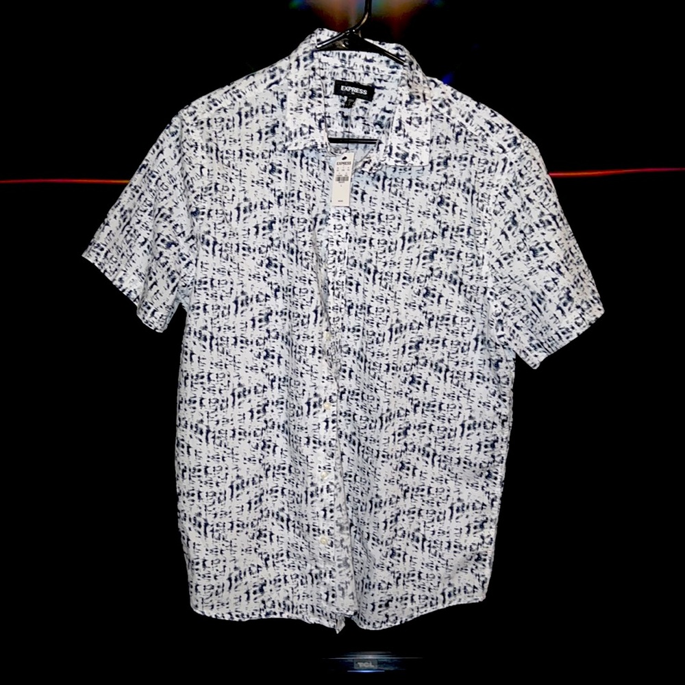 Express, Large, White & Navy Blue Short Sleeve Button Down Shirt. Never worn.